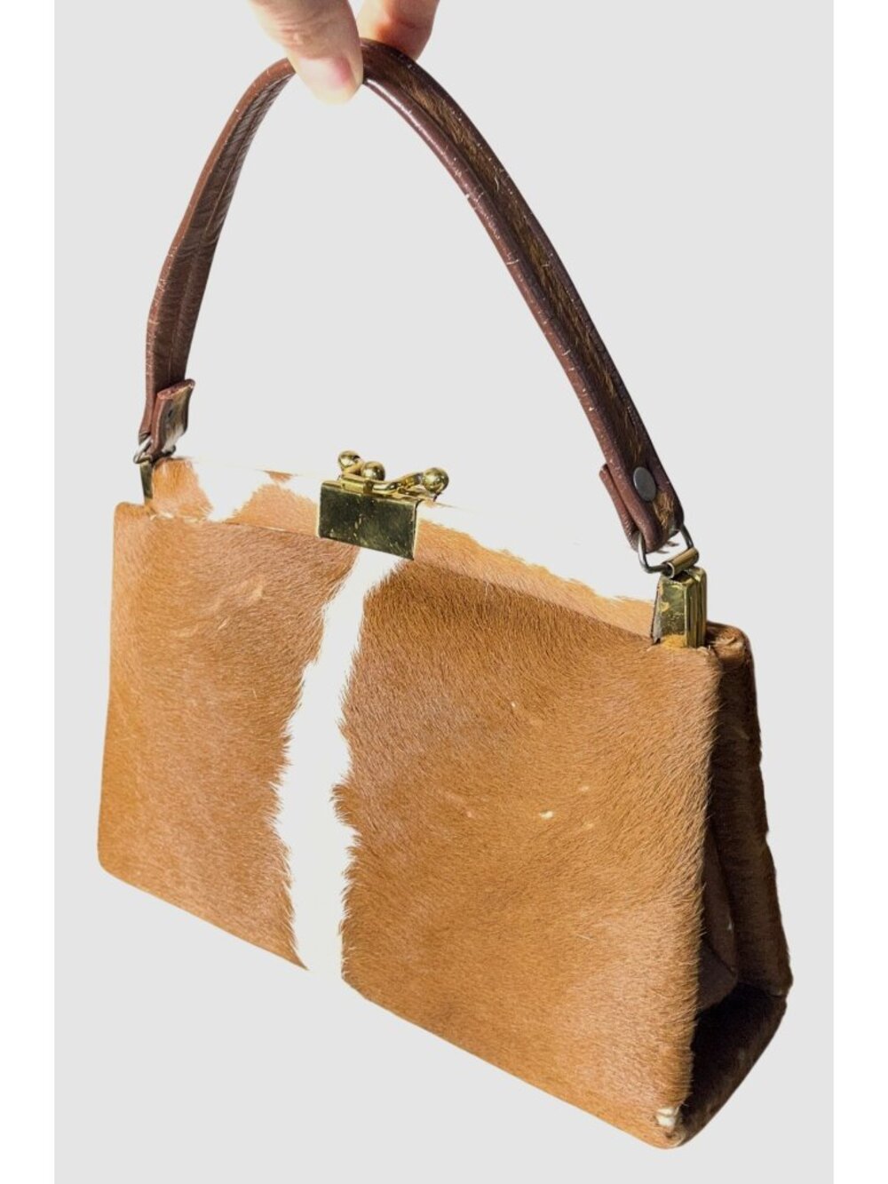 70s Americana Cowhide Leather Structured Purse Pocketbook Bag Tan Retro Western